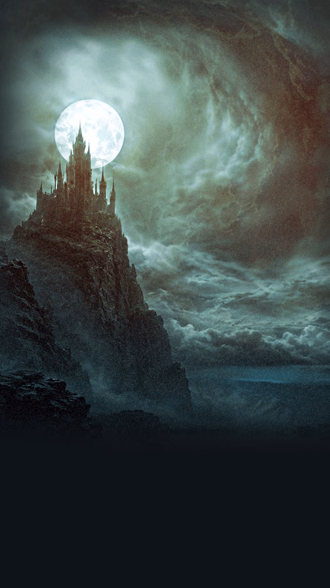 Dark fantasy castle on a cliff during a stormy night with a full moon