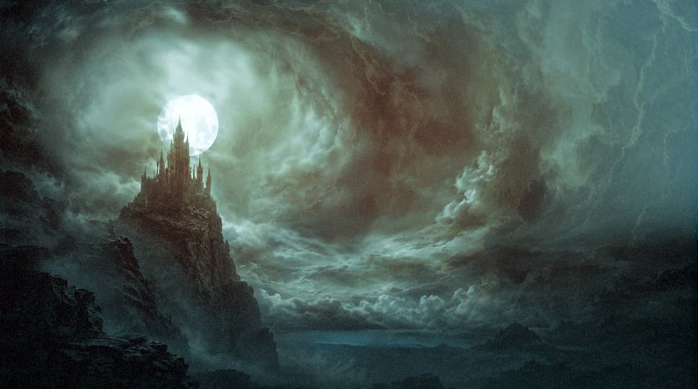 Dark fantasy castle on a cliff during a stormy night with a full moon